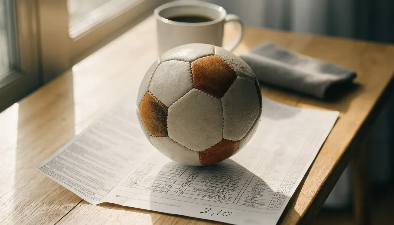 Un pallone da calcio appoggiato su una schedina bianca su un tavolo di legno, alla luce del giorno