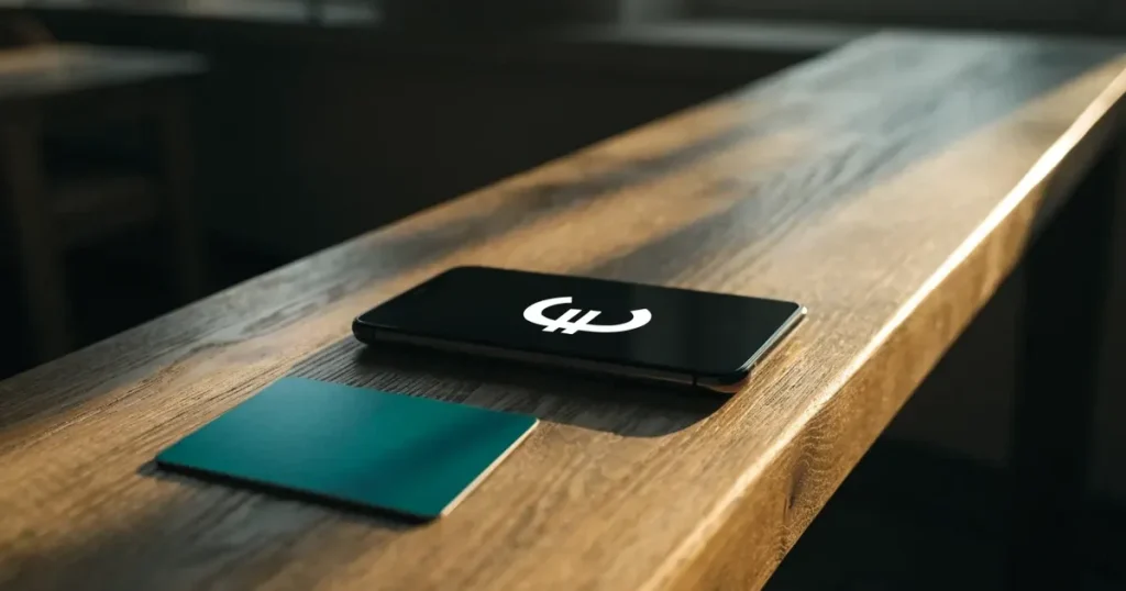 Uno smartphone e una carta di pagamento affiancati su un tavolo di legno, con alcune banconote da euro accanto