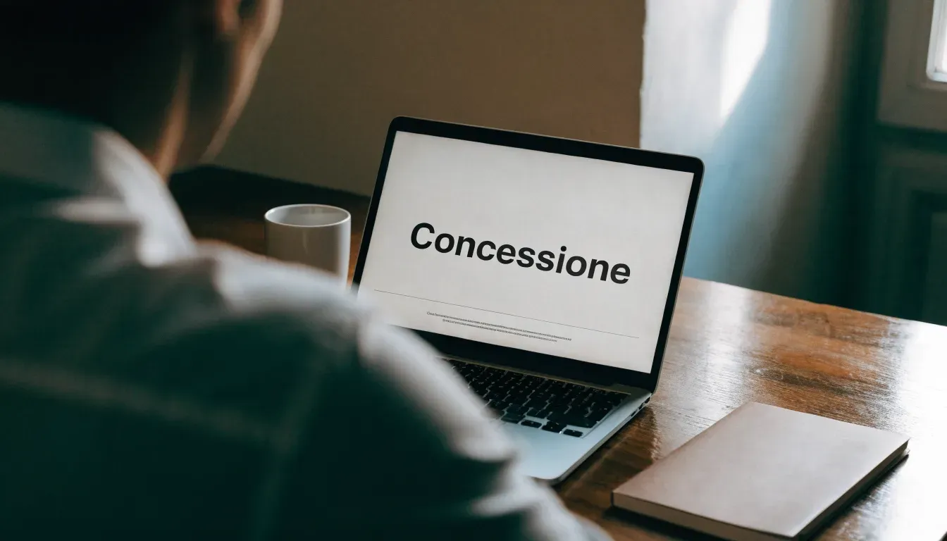 Un foglio di concessione in carta con un timbro rosso, appoggiato su una scrivania di legno accanto a una penna