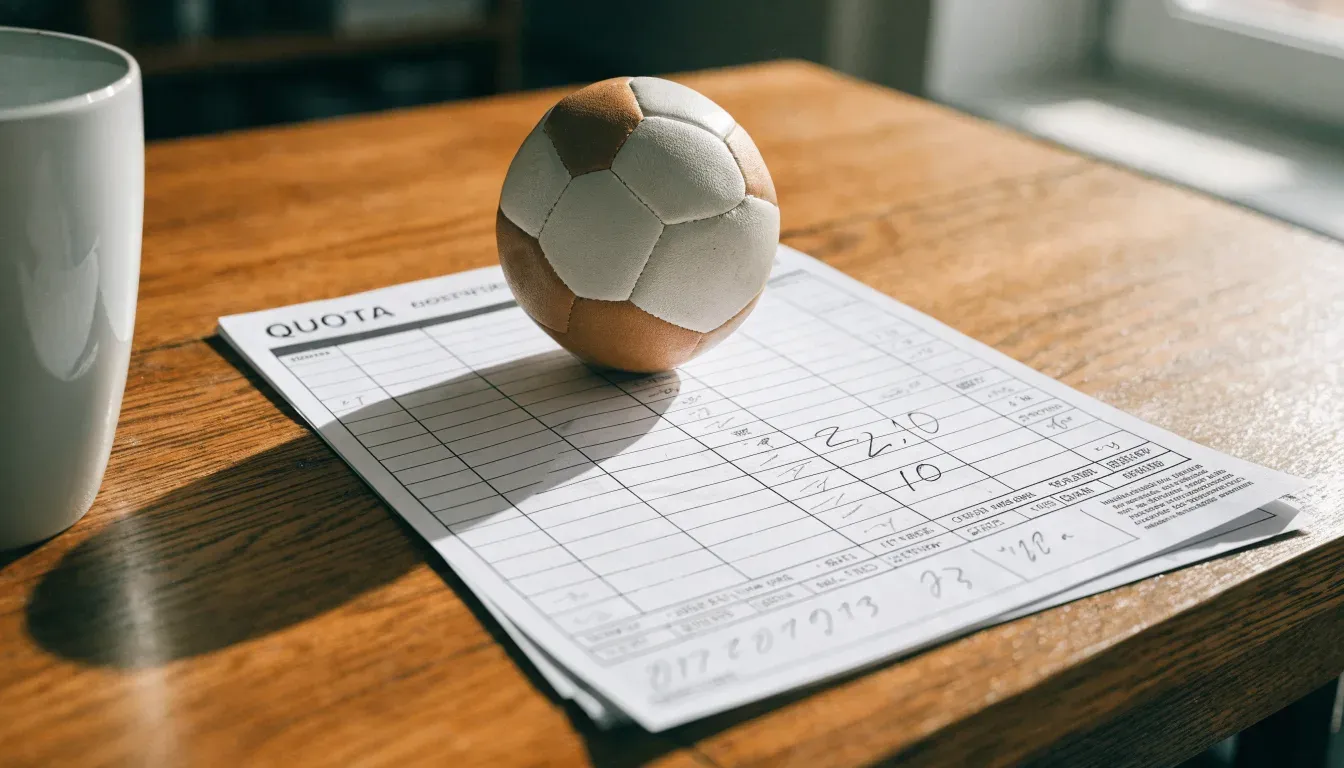 Un pallone da calcio appoggiato su una schedina bianca su un tavolo di legno, alla luce del giorno