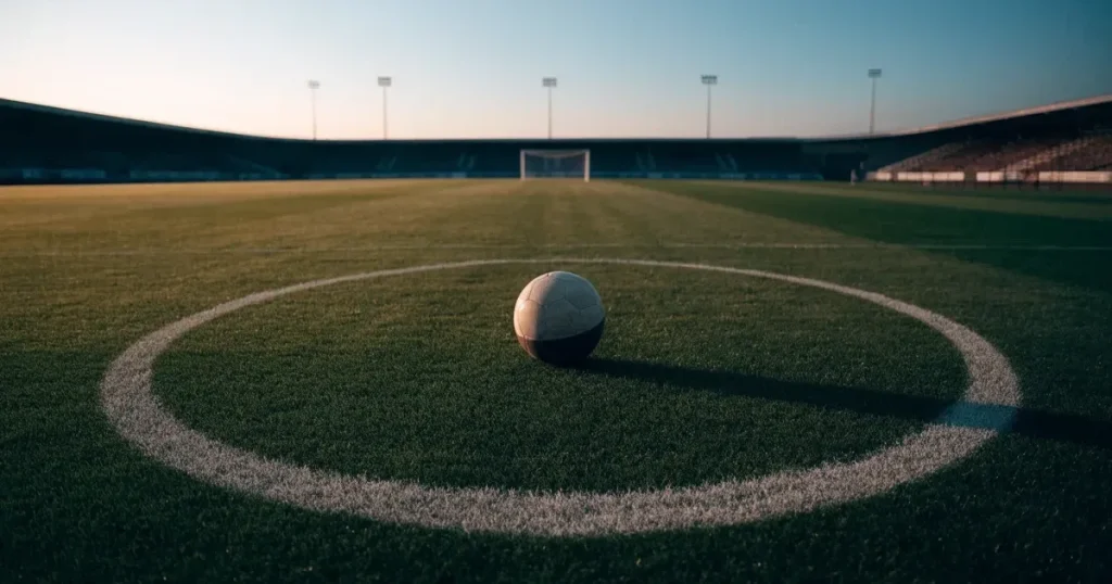 Un pallone da calcio sul dischetto del centrocampo di un prato, alla luce del mattino