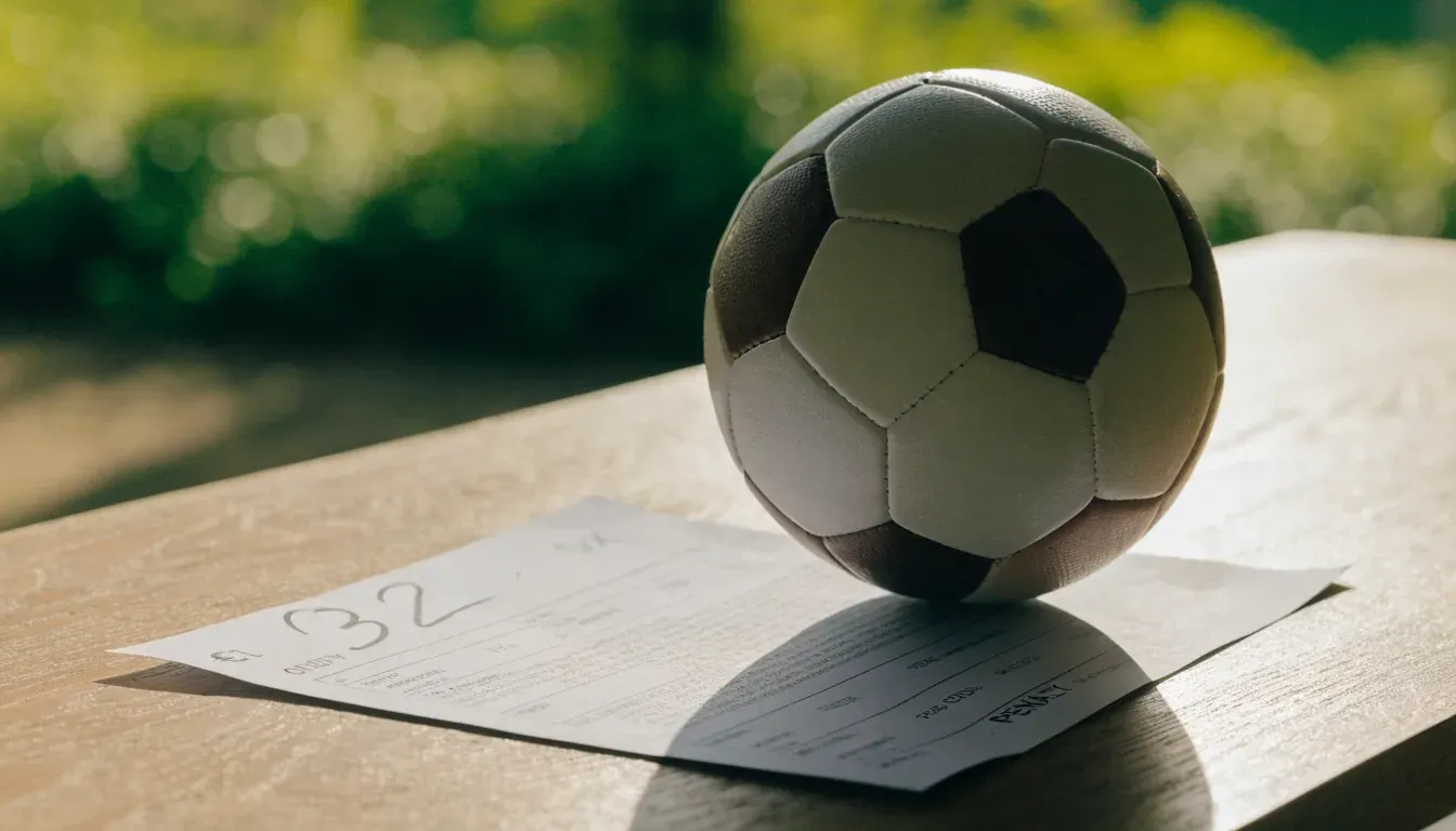 Un pallone da calcio appoggiato su una schedina bianca su un tavolo di legno, alla luce del giorno