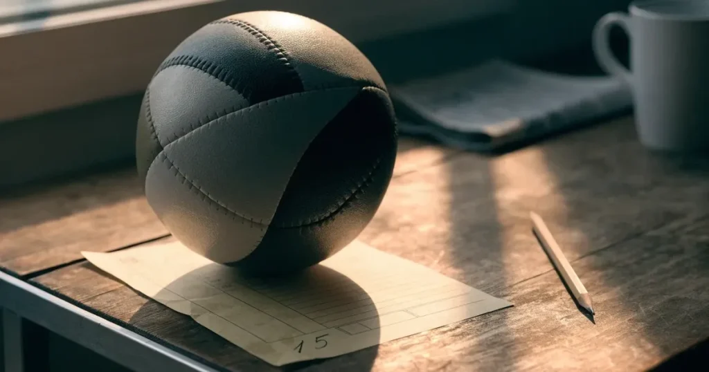 Un pallone da calcio appoggiato su una schedina bianca su un tavolo di legno, alla luce del giorno