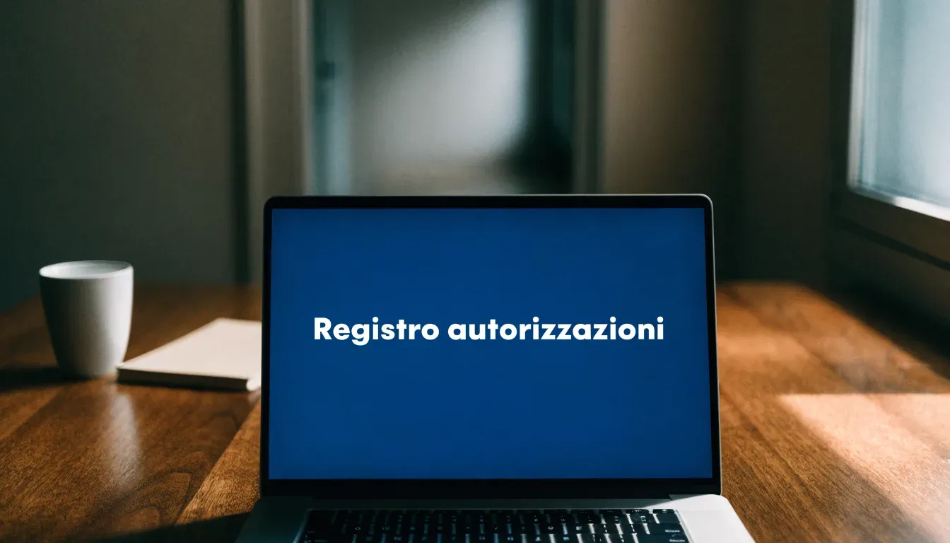 Un foglio di concessione in carta con un timbro rosso, appoggiato su una scrivania di legno accanto a una penna