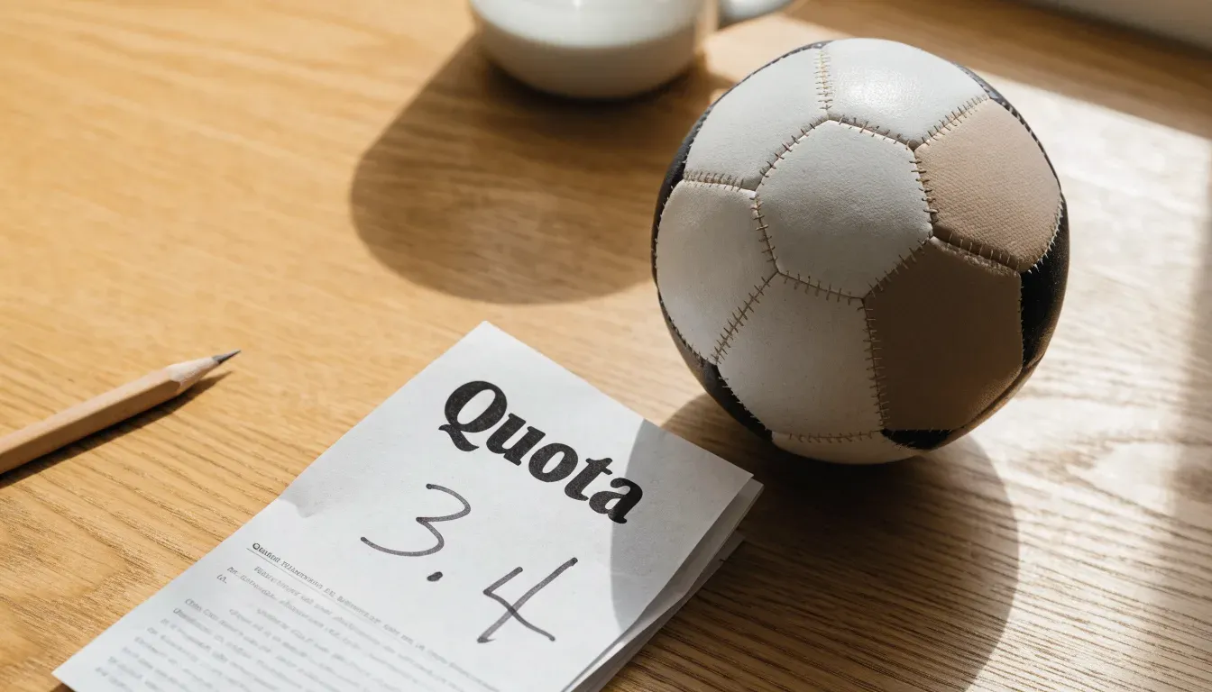 Un pallone da calcio appoggiato su una schedina bianca su un tavolo di legno, alla luce del giorno