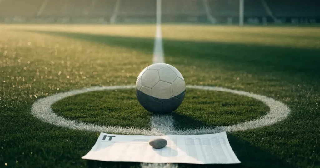 Un pallone da calcio sul dischetto del centrocampo di un prato, alla luce del mattino