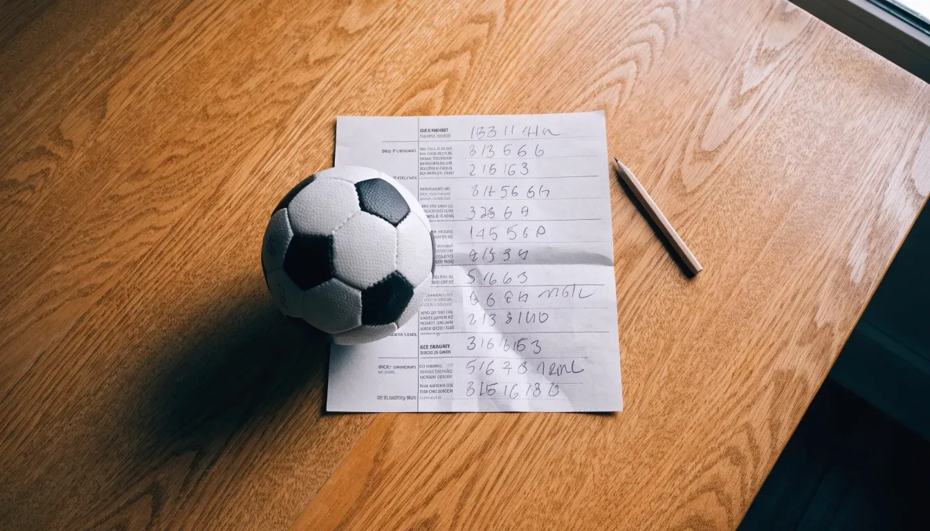 Un pallone da calcio appoggiato su una schedina bianca su un tavolo di legno, alla luce del giorno