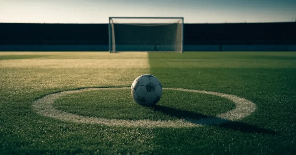 Un pallone da calcio sul dischetto del centrocampo di un prato, alla luce del mattino
