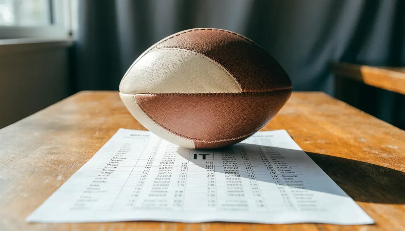 Un pallone da calcio appoggiato su una schedina bianca su un tavolo di legno, alla luce del giorno