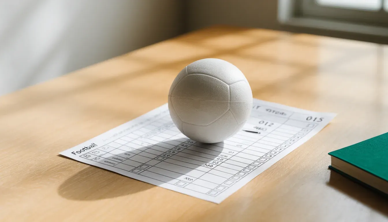 Un pallone da calcio appoggiato su una schedina bianca su un tavolo di legno, alla luce del giorno