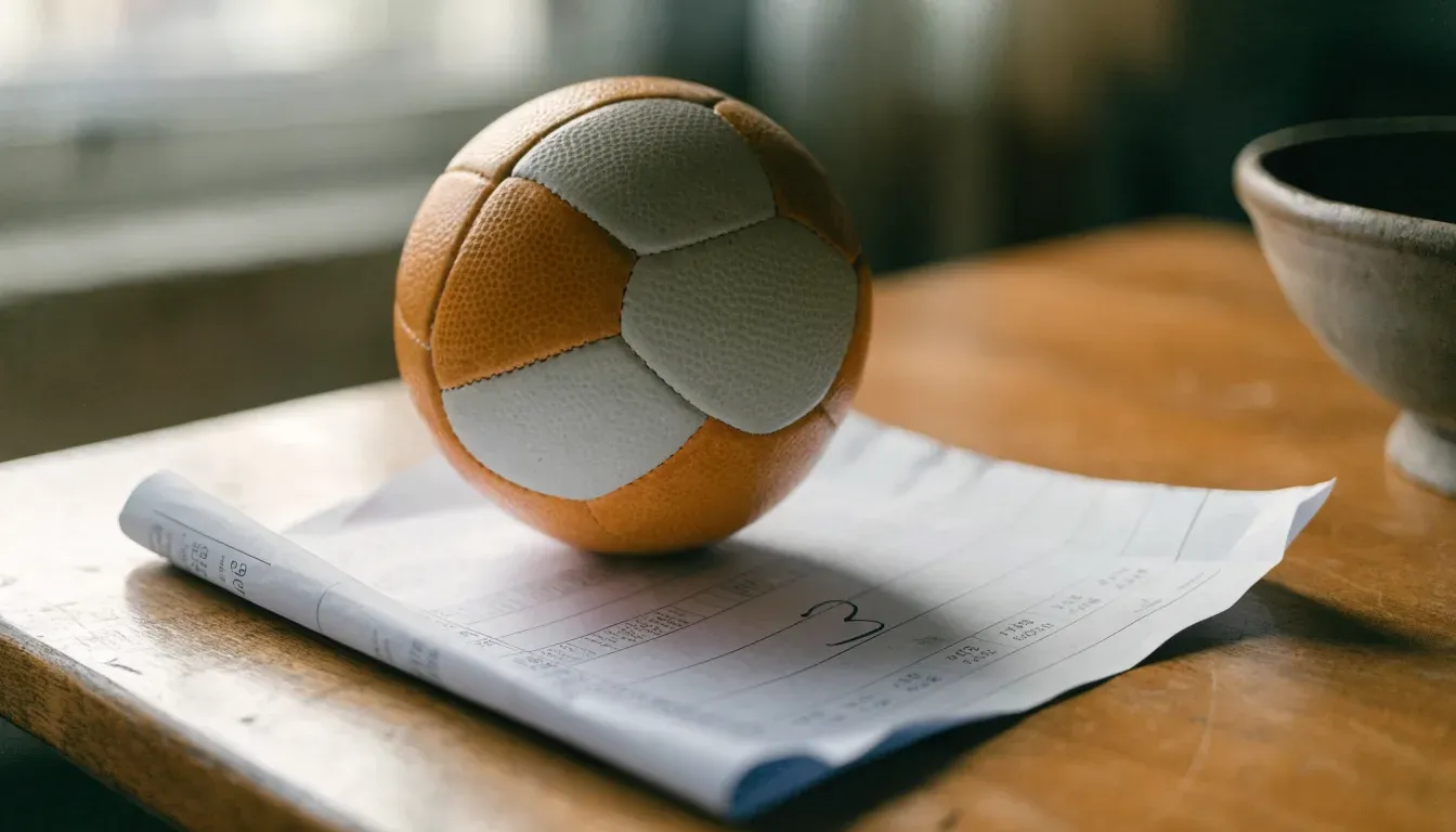 Un pallone da calcio appoggiato su una schedina bianca su un tavolo di legno, alla luce del giorno