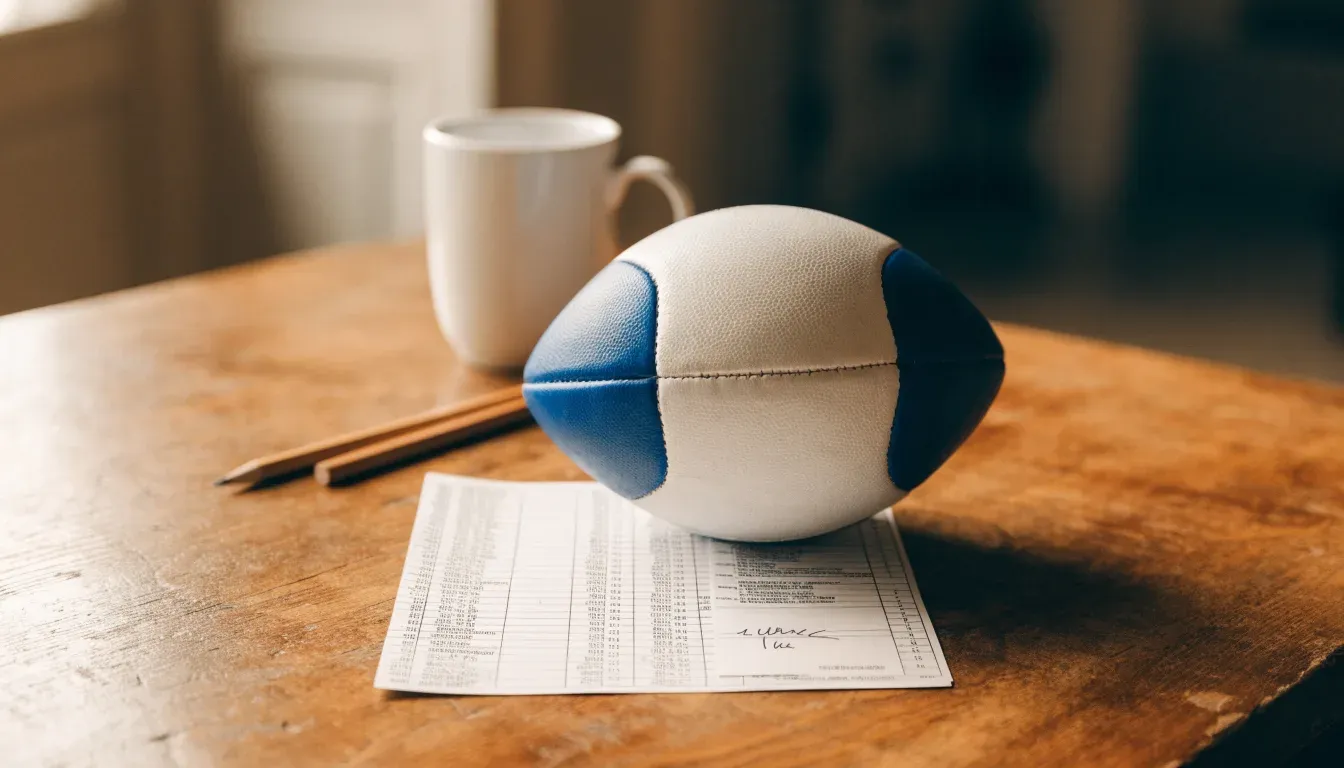 Un pallone da calcio appoggiato su una schedina bianca su un tavolo di legno, alla luce del giorno
