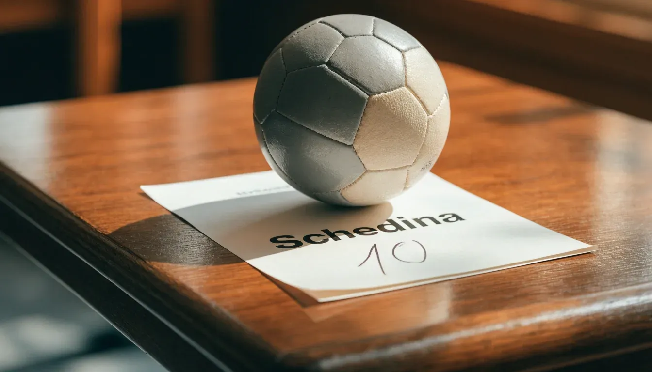 Un pallone da calcio appoggiato su una schedina bianca su un tavolo di legno, alla luce del giorno