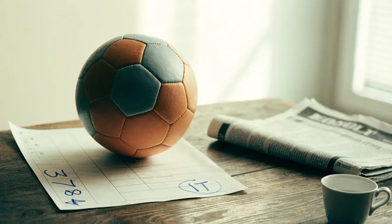 Un pallone da calcio appoggiato su una schedina bianca su un tavolo di legno, alla luce del giorno