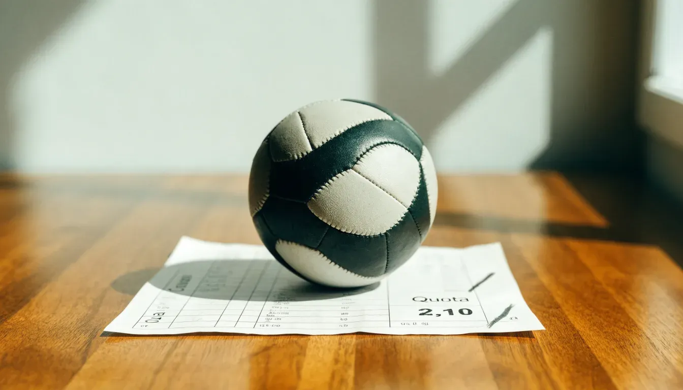 Un pallone da calcio appoggiato su una schedina bianca su un tavolo di legno, alla luce del giorno