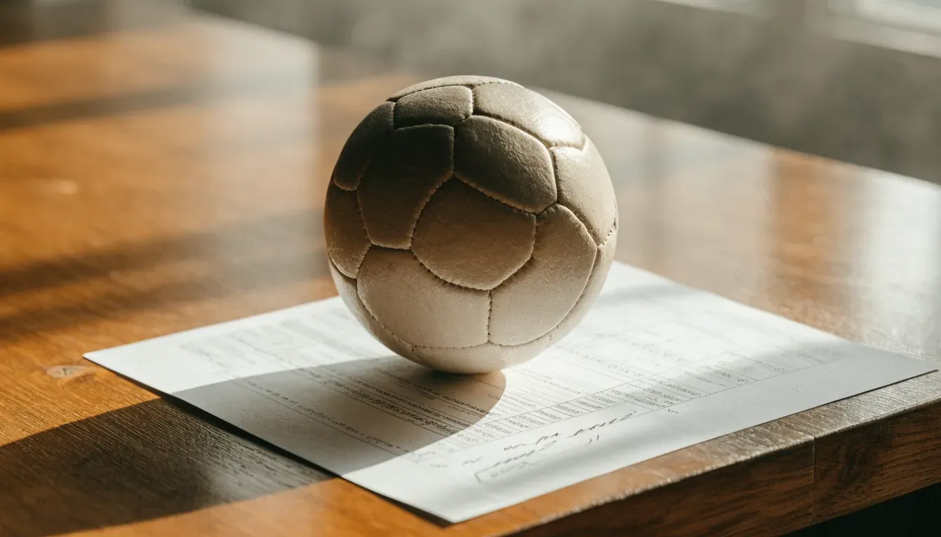 Un pallone da calcio appoggiato su una schedina bianca su un tavolo di legno, alla luce del giorno