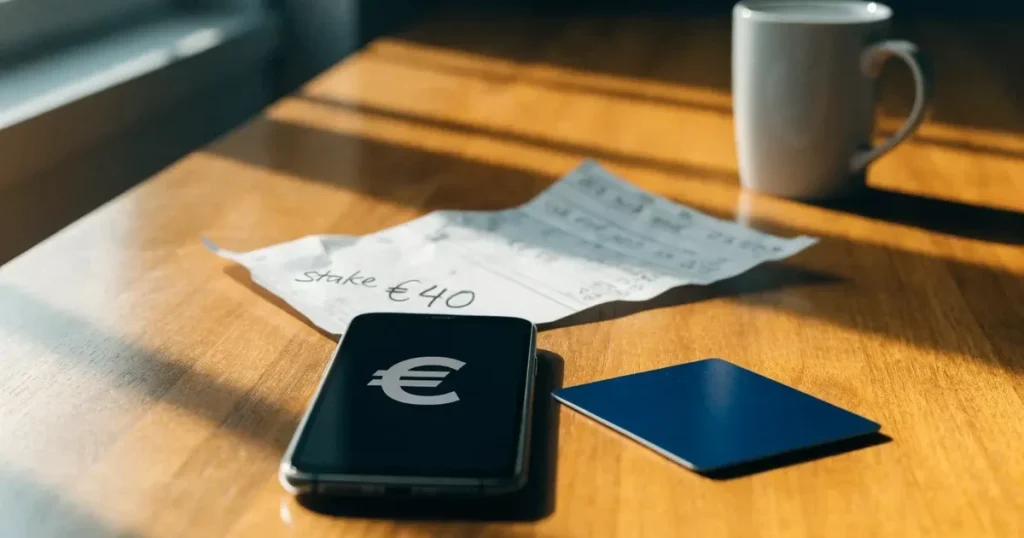 Uno smartphone e una carta di pagamento affiancati su un tavolo di legno, con alcune banconote da euro accanto