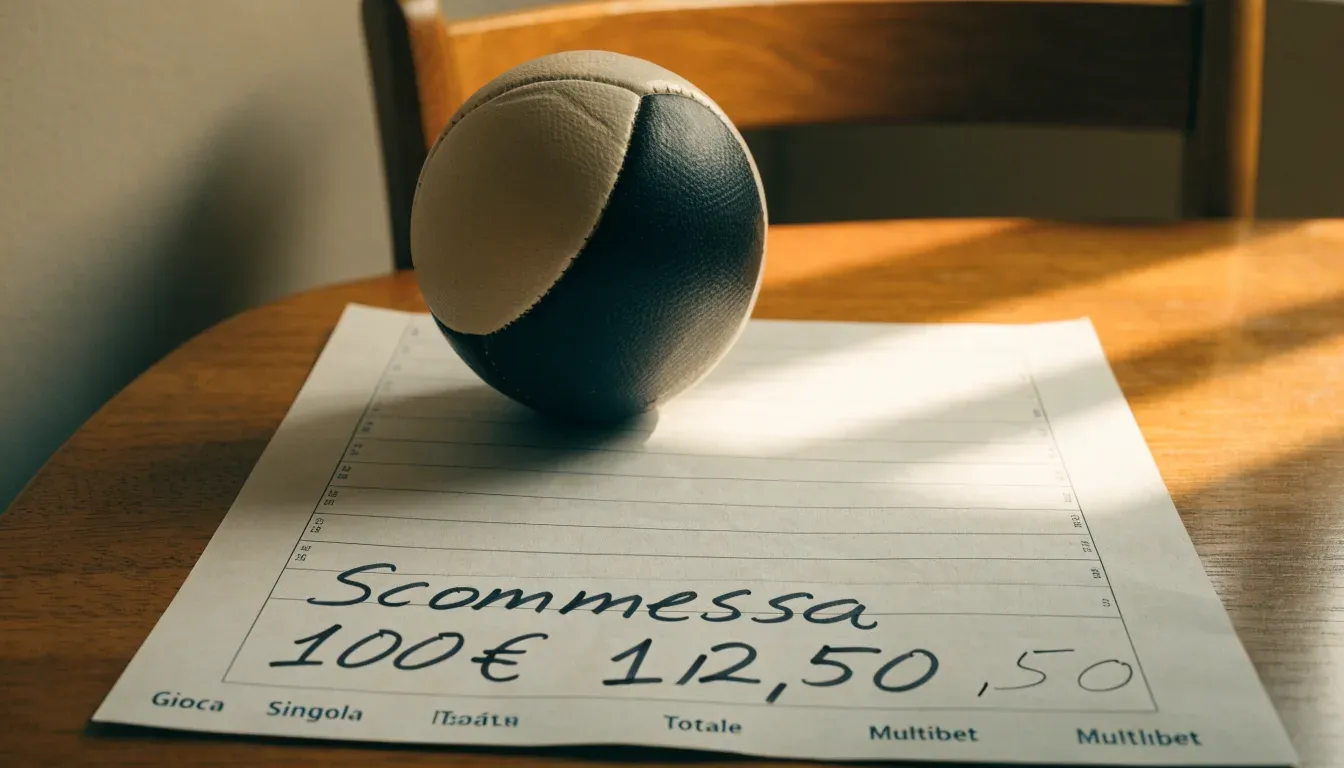 Un pallone da calcio appoggiato su una schedina bianca su un tavolo di legno, alla luce del giorno