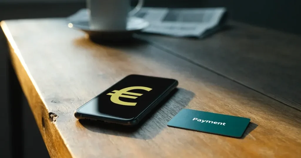 Uno smartphone e una carta di pagamento affiancati su un tavolo di legno, con alcune banconote da euro accanto