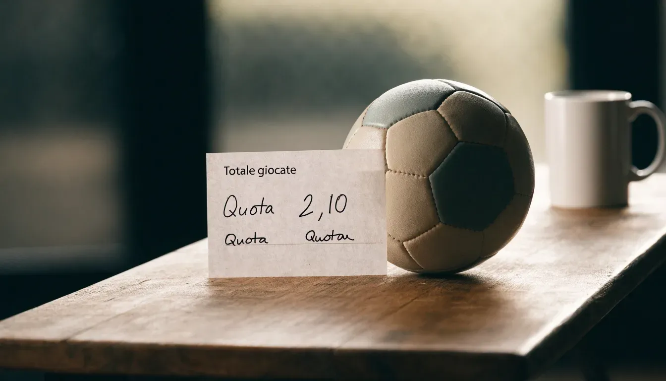 Un pallone da calcio appoggiato su una schedina bianca su un tavolo di legno, alla luce del giorno