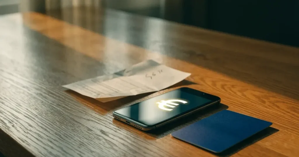Uno smartphone e una carta di pagamento affiancati su un tavolo di legno, con alcune banconote da euro accanto