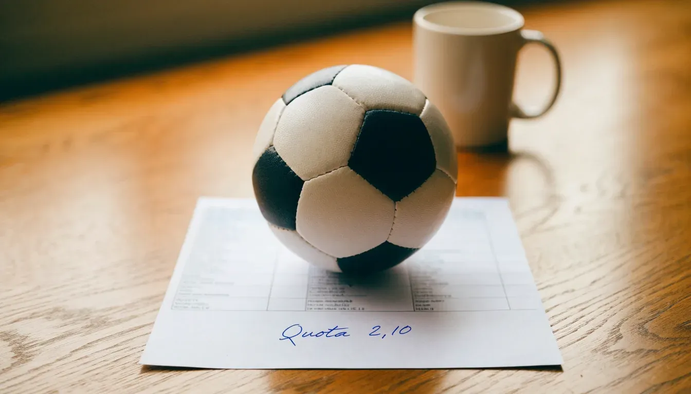 Un pallone da calcio appoggiato su una schedina bianca su un tavolo di legno, alla luce del giorno