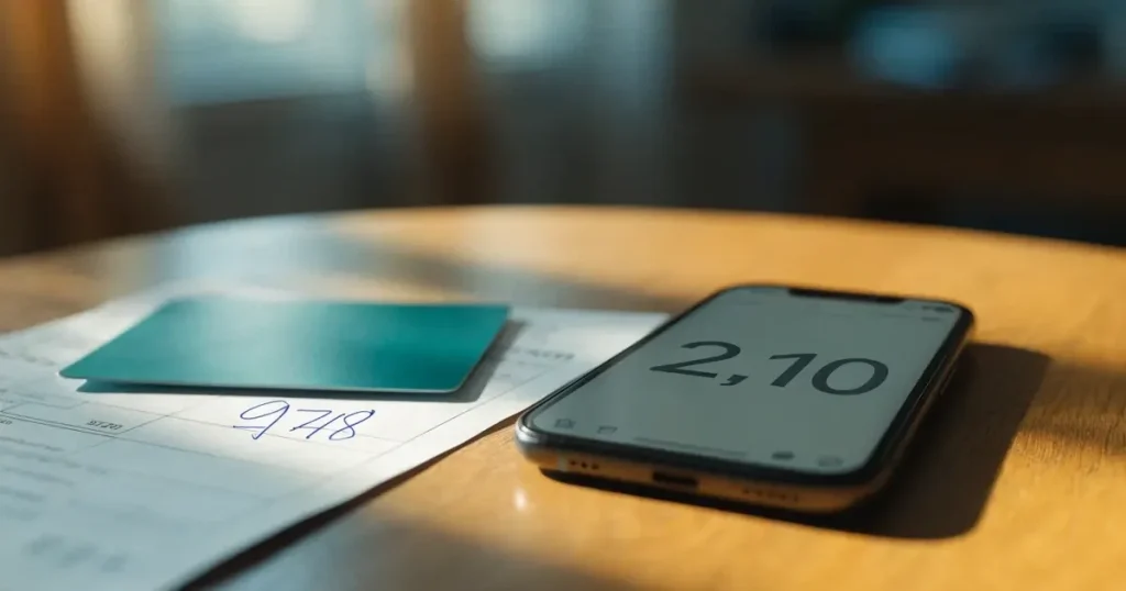 Uno smartphone e una carta di pagamento affiancati su un tavolo di legno, con alcune banconote da euro accanto