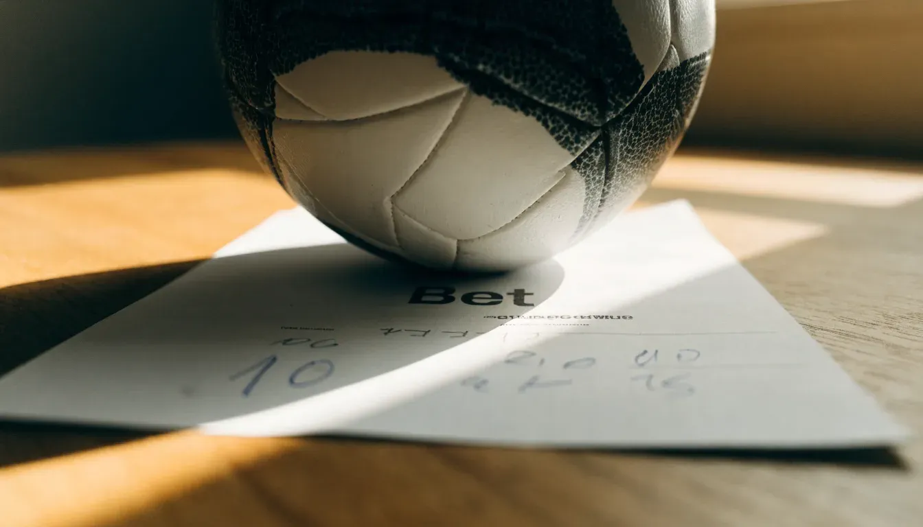Un pallone da calcio appoggiato su una schedina bianca su un tavolo di legno, alla luce del giorno