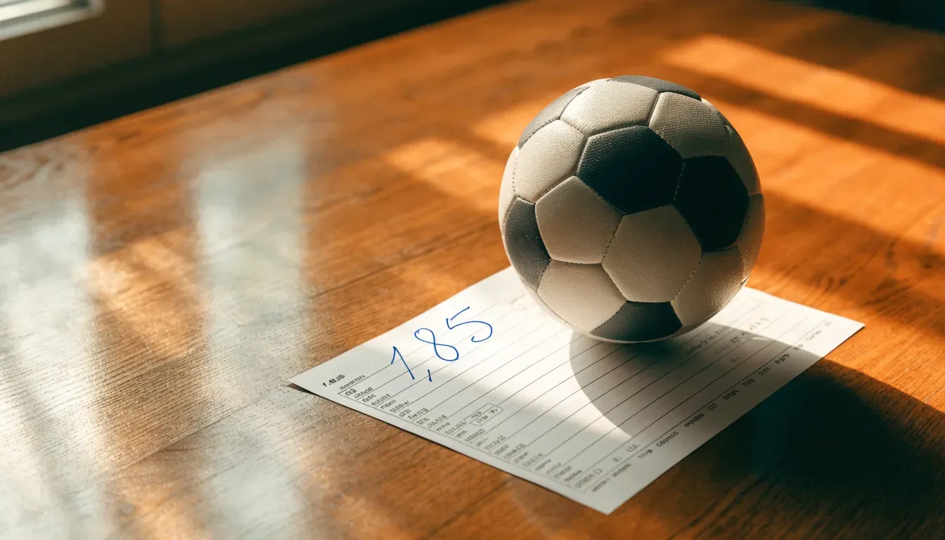 Un pallone da calcio appoggiato su una schedina bianca su un tavolo di legno, alla luce del giorno