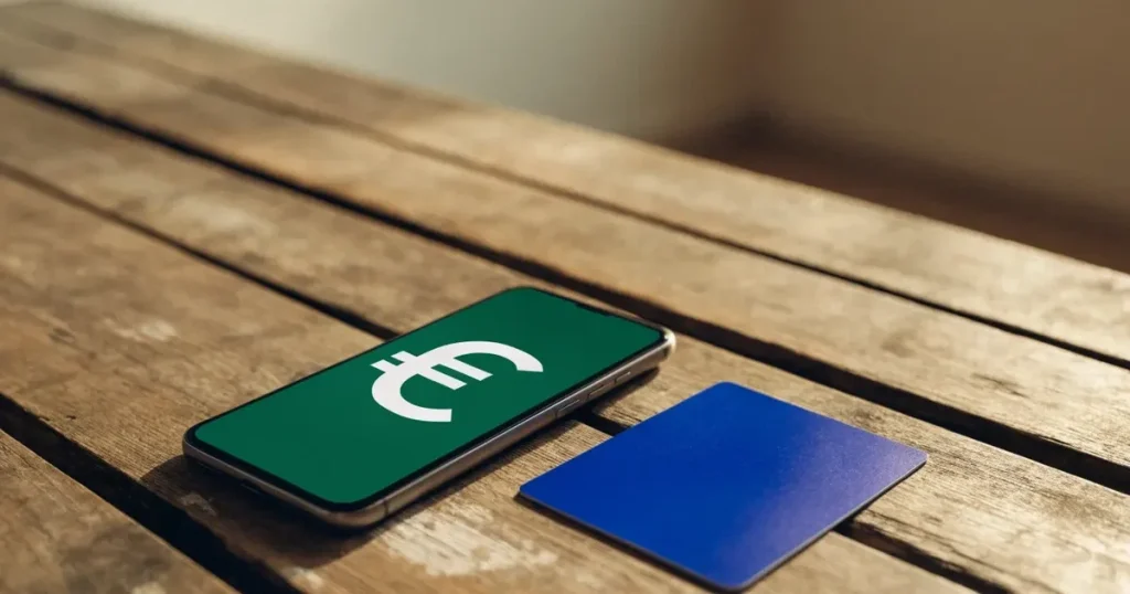Uno smartphone e una carta di pagamento affiancati su un tavolo di legno, con alcune banconote da euro accanto
