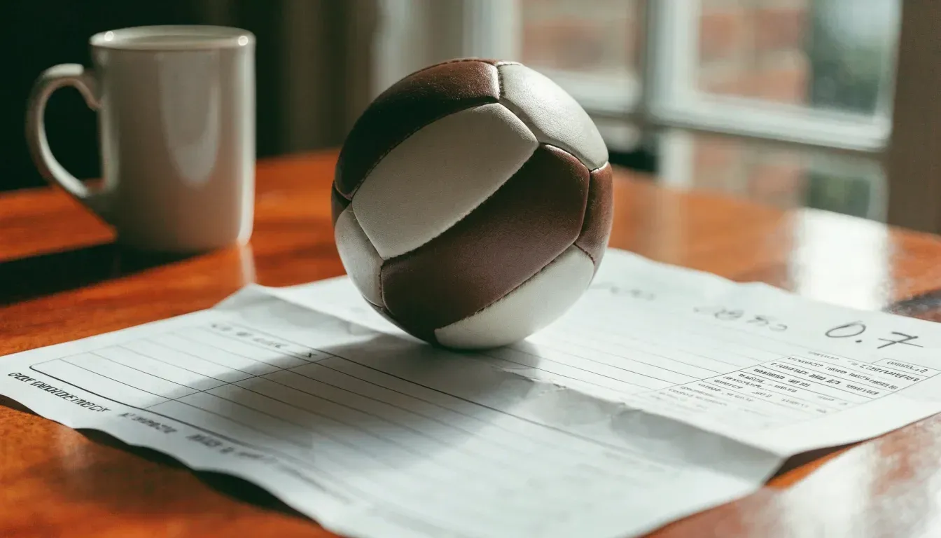 Un pallone da calcio appoggiato su una schedina bianca su un tavolo di legno, alla luce del giorno