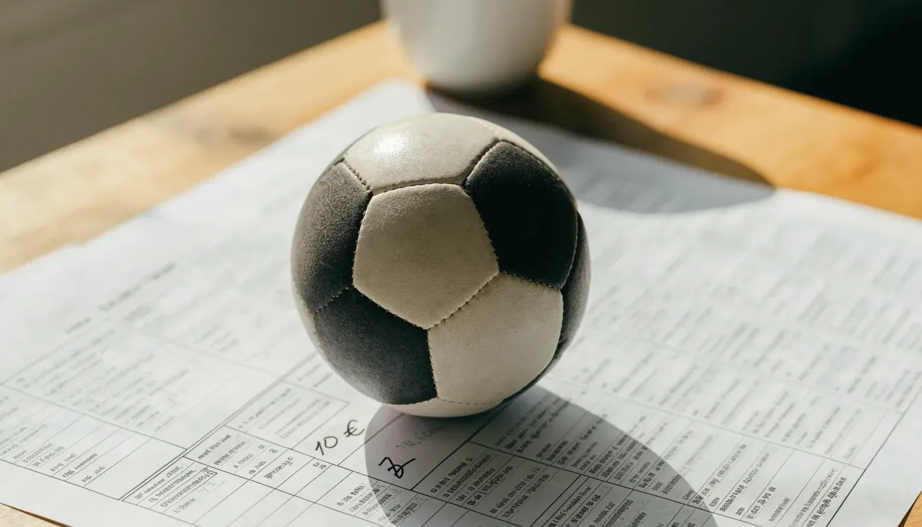 Un pallone da calcio appoggiato su una schedina bianca su un tavolo di legno, alla luce del giorno