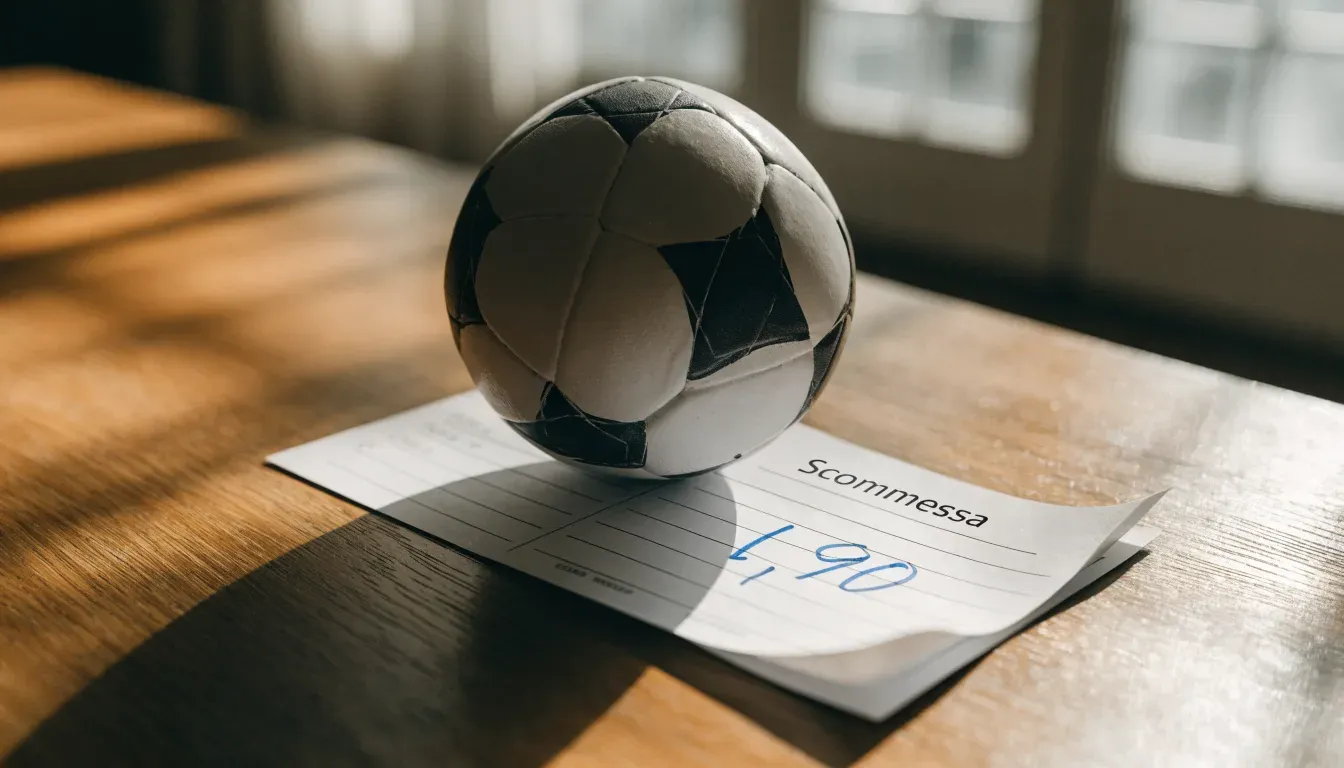 Un pallone da calcio appoggiato su una schedina bianca su un tavolo di legno, alla luce del giorno