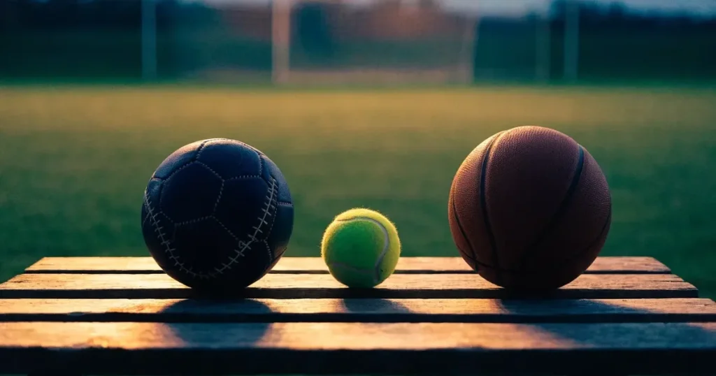 Tre palloni di sport diversi allineati uno accanto all'altro su una panca di legno