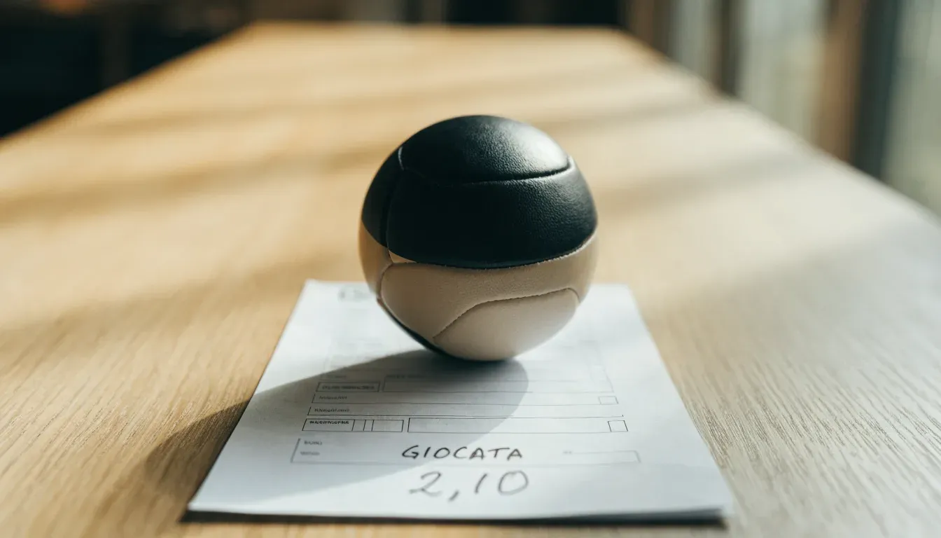 Un pallone da calcio appoggiato su una schedina bianca su un tavolo di legno, alla luce del giorno