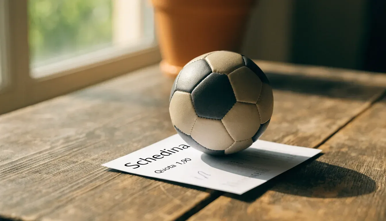 Un pallone da calcio appoggiato su una schedina bianca su un tavolo di legno, alla luce del giorno