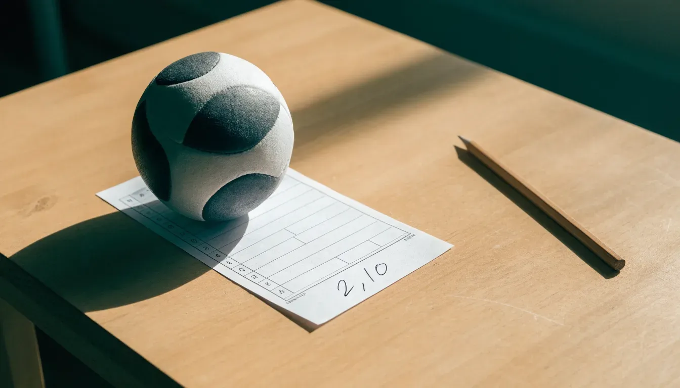 Un pallone da calcio appoggiato su una schedina bianca su un tavolo di legno, alla luce del giorno