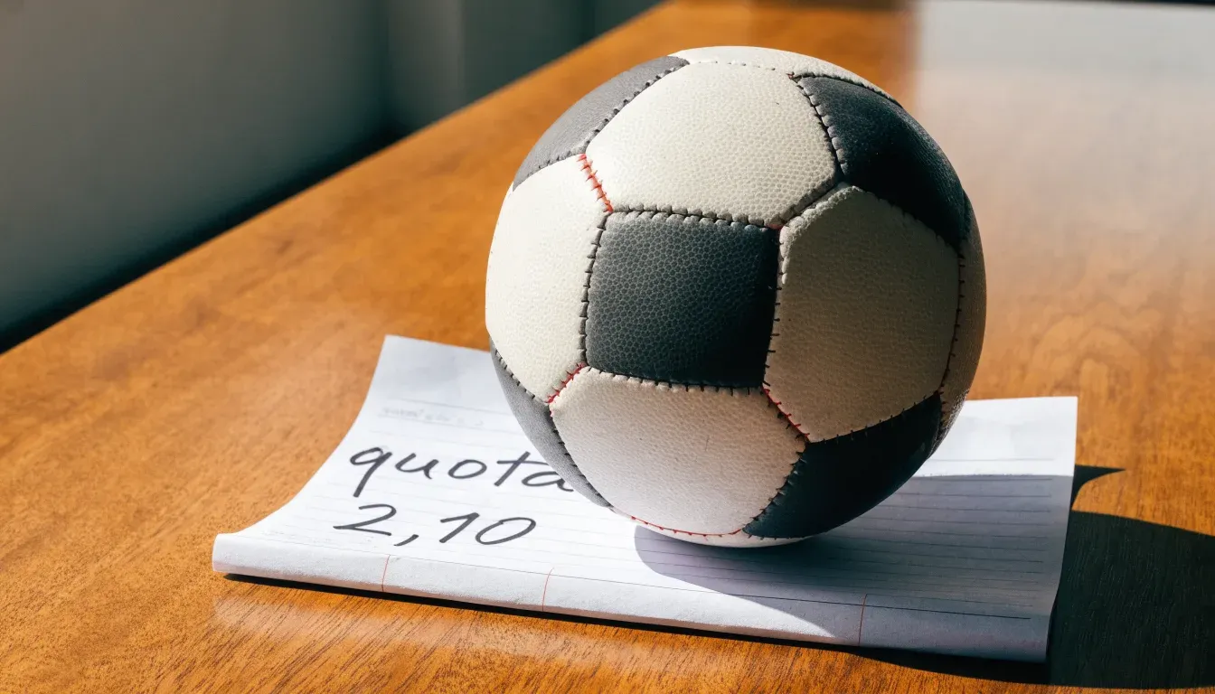 Un pallone da calcio appoggiato su una schedina bianca su un tavolo di legno, alla luce del giorno