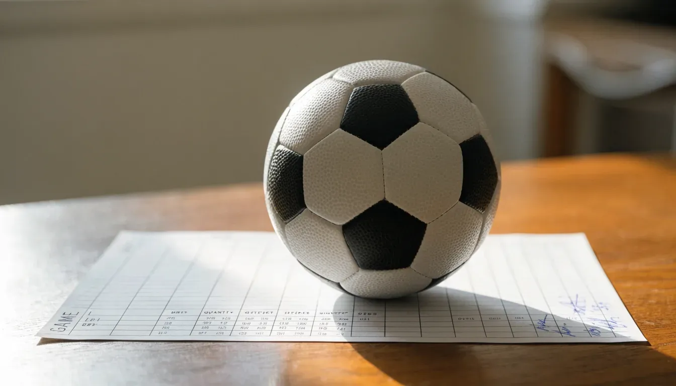 Un pallone da calcio appoggiato su una schedina bianca su un tavolo di legno, alla luce del giorno