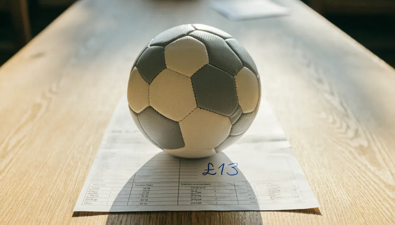 Un pallone da calcio appoggiato su una schedina bianca su un tavolo di legno, alla luce del giorno