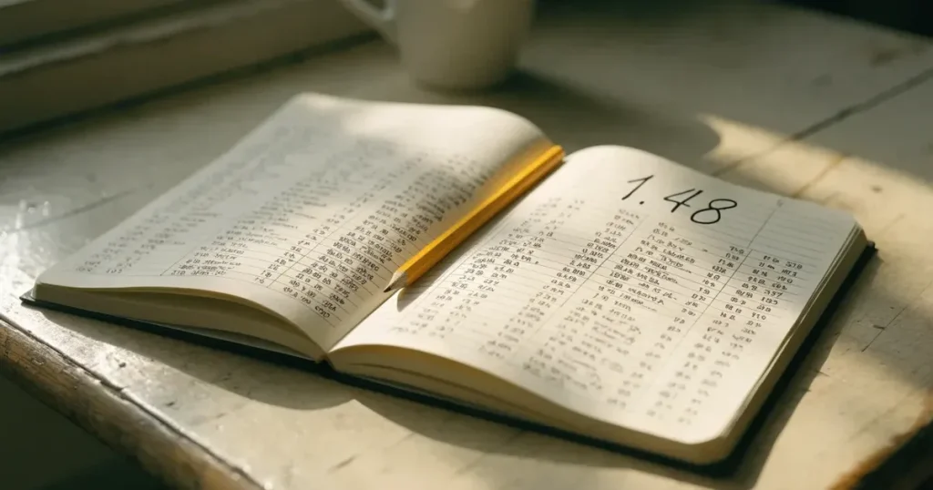 Un quaderno aperto con quote scritte a mano, una calcolatrice e una matita su un tavolo di legno