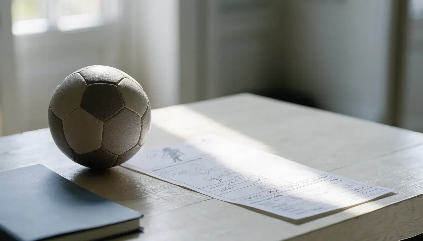 Un pallone da calcio appoggiato su una schedina bianca su un tavolo di legno, alla luce del giorno