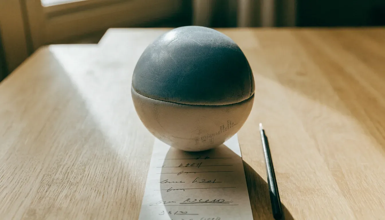 Un pallone da calcio appoggiato su una schedina bianca su un tavolo di legno, alla luce del giorno